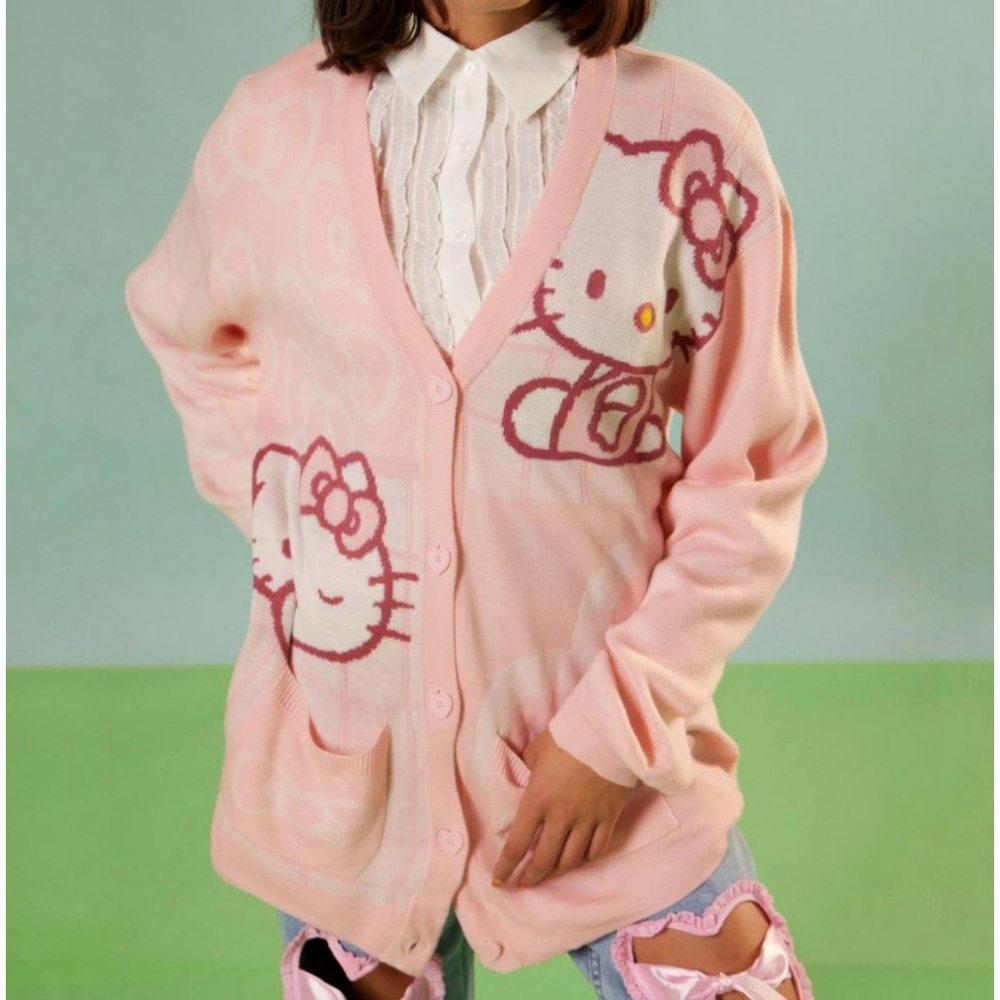 Hello Kitty grid cardigan sweater pastel pink Her Universe women's medium M